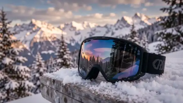 Skibrille mit verspiegelten Gläsern auf frischem Schnee