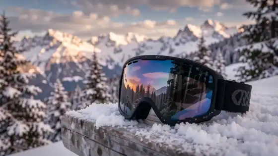 Skibrille mit verspiegelten Gläsern auf frischem Schnee