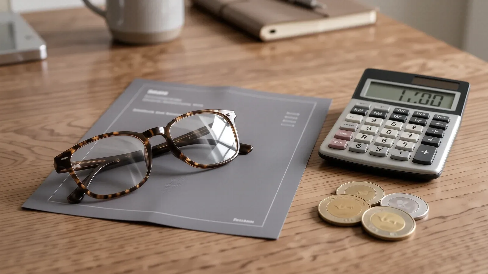 Brille neben Formular, Münzen und Taschenrechner
