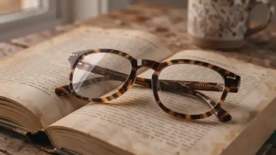 Lesebrille auf einem Buch mit unscharfem Nahtext