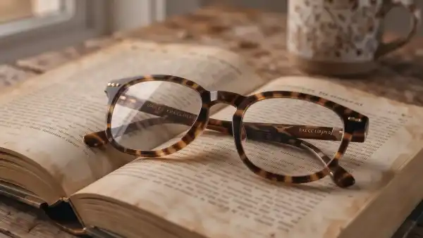 Lesebrille auf einem Buch mit unscharfem Nahtext