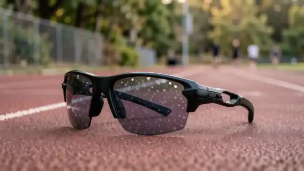 Laufbrille auf einer Laufbahn im Morgenlicht