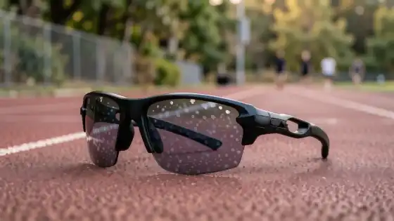 Laufbrille auf einer Laufbahn im Morgenlicht