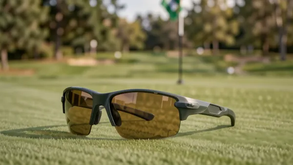 Golfbrille auf dem Grün mit Fahne im Hintergrund