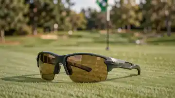 Golfbrille auf dem Grün mit Fahne im Hintergrund