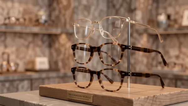 Auswahl eleganter Brillenfassungen auf einem Display