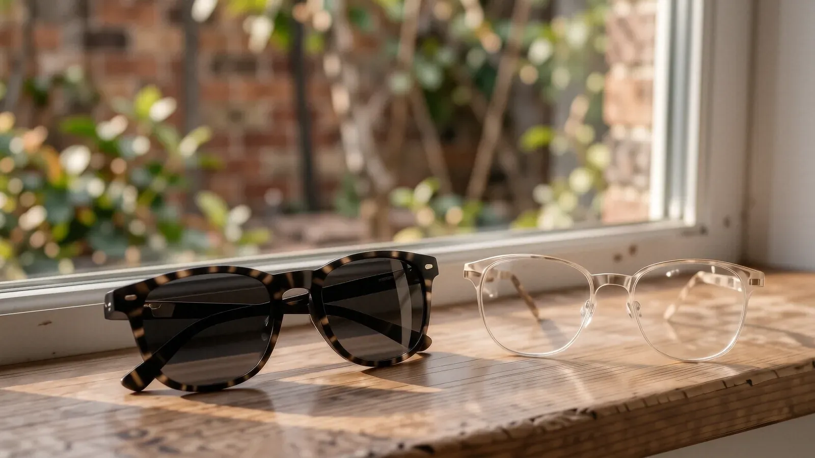 Selbsttönende Brille: ein Glas dunkel, eins klar am Fenster