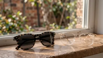 Selbsttönende Brille: ein Glas dunkel, eins klar am Fenster