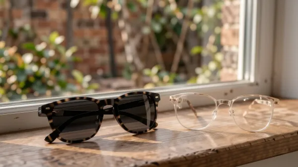Selbsttönende Brille: ein Glas dunkel, eins klar am Fenster