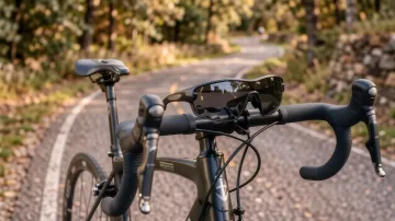 Radsportbrille am Lenker eines Rennrads