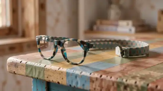 Bunte, robuste Kinderbrille auf hellem Untergrund