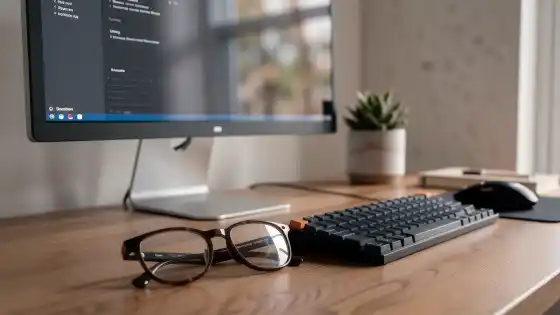 Arbeitsplatzbrille auf dem Schreibtisch neben Monitor und Tastatur