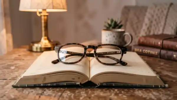 Lesebrille auf einem aufgeschlagenen Buch im warmen Licht