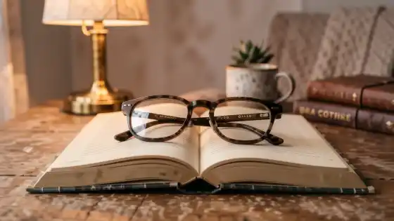 Lesebrille auf einem aufgeschlagenen Buch im warmen Licht