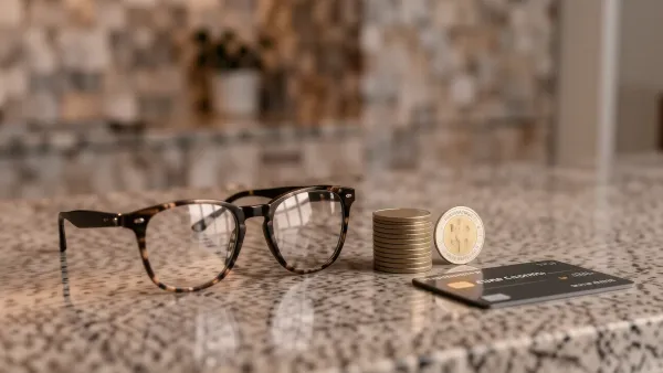 Brille neben Euro-Münzen und Karte auf der Theke