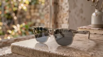 Sonnenbrille mit grauen Gläsern am sonnigen Fenster