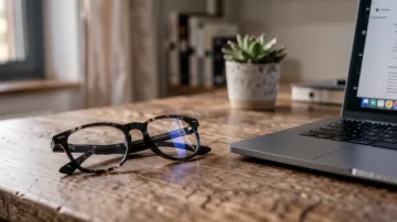 Bildschirmbrille mit Blaulichtfilter neben einem Laptop