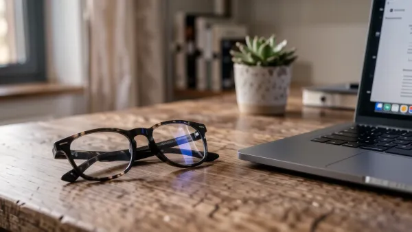 Bildschirmbrille mit Blaulichtfilter neben einem Laptop